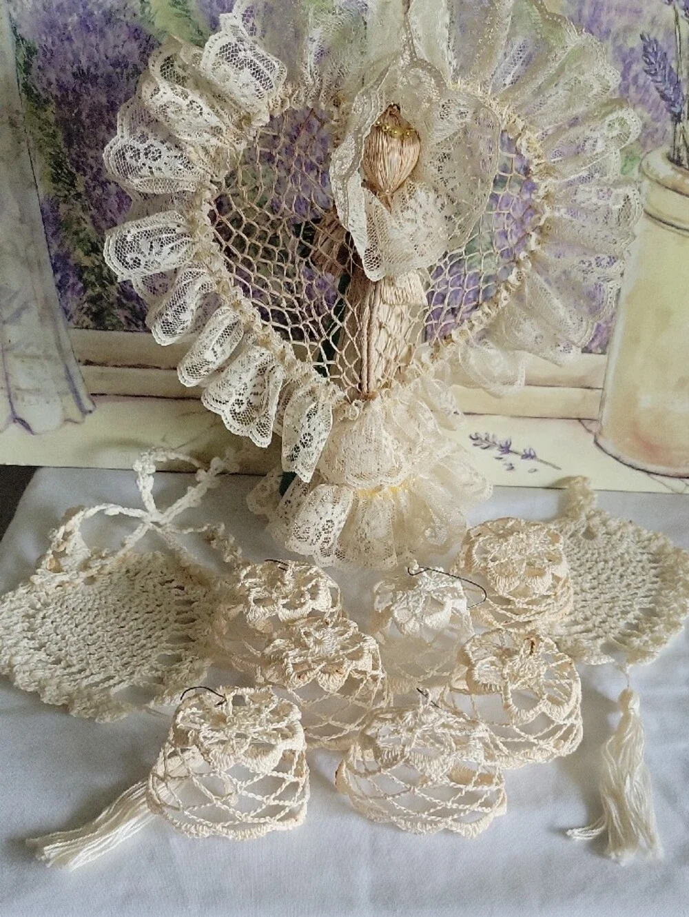 Handmade Corn Husk Angel Figurine & Crochet Lace Ornaments Doilies Lot
